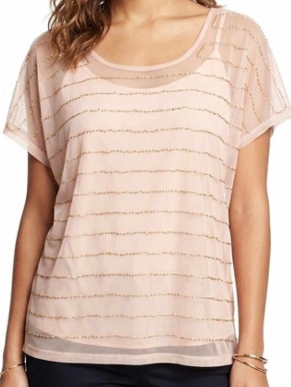 Design History Women's Size L Blush Pink Beaded Mesh Overlay Tank Camisole Top